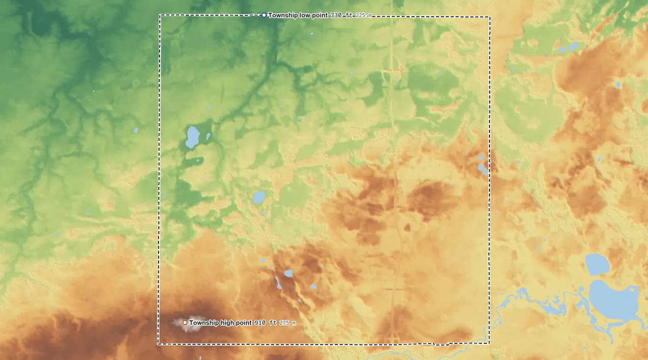 Topographic elevation map of Olive Township, Clinton County, Michigan, shaded from 730 ft on the northwest side to 910 ft on the southwest side