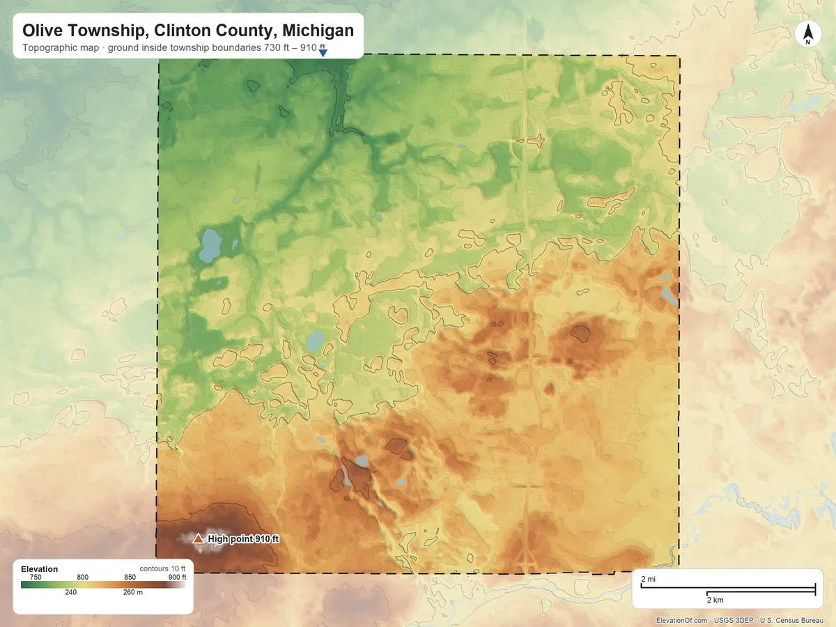 Topographic elevation map of Olive Township, Clinton County, Michigan, shaded from 730 ft on the northwest side to 910 ft on the southwest side