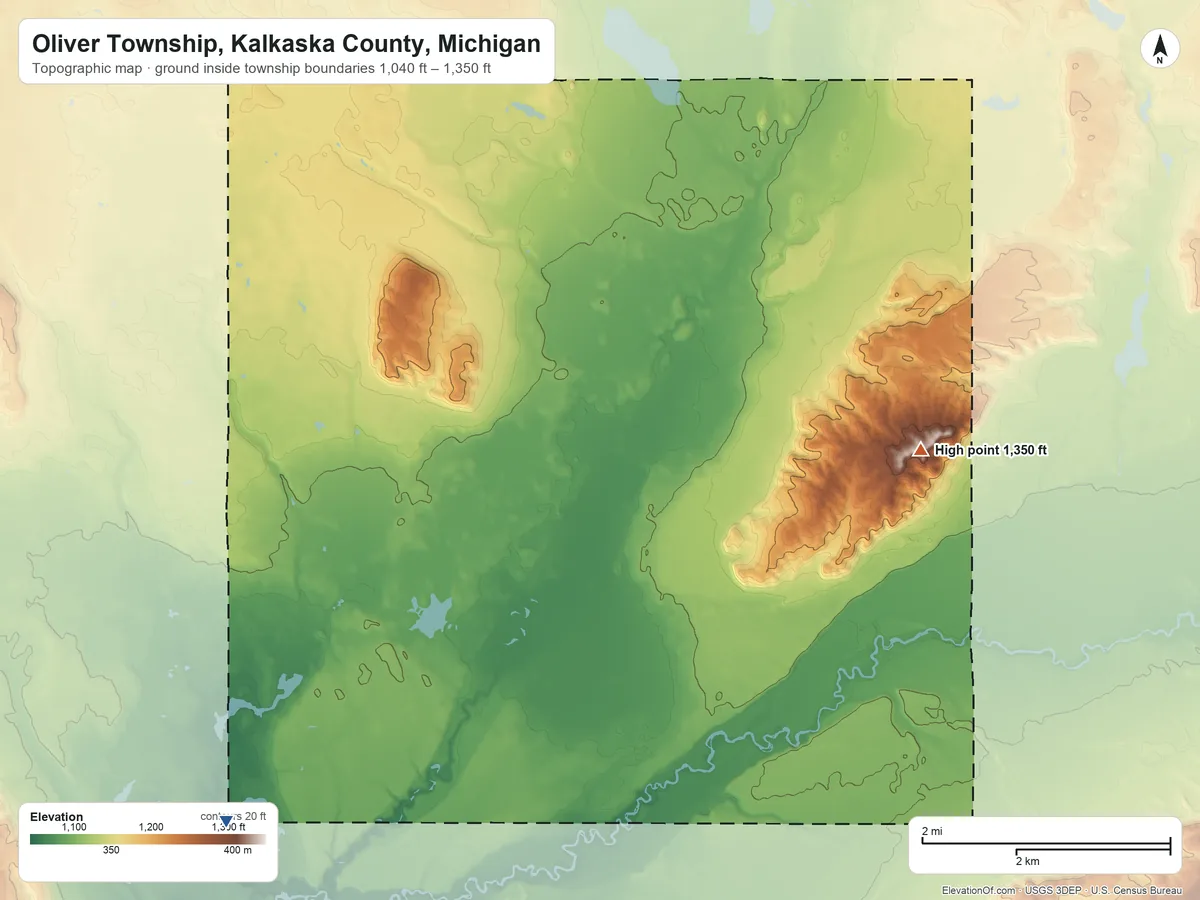 Topographic elevation map of Oliver Township, Kalkaska County, Michigan, shaded from 1,040 ft on the south side to 1,350 ft on the east side