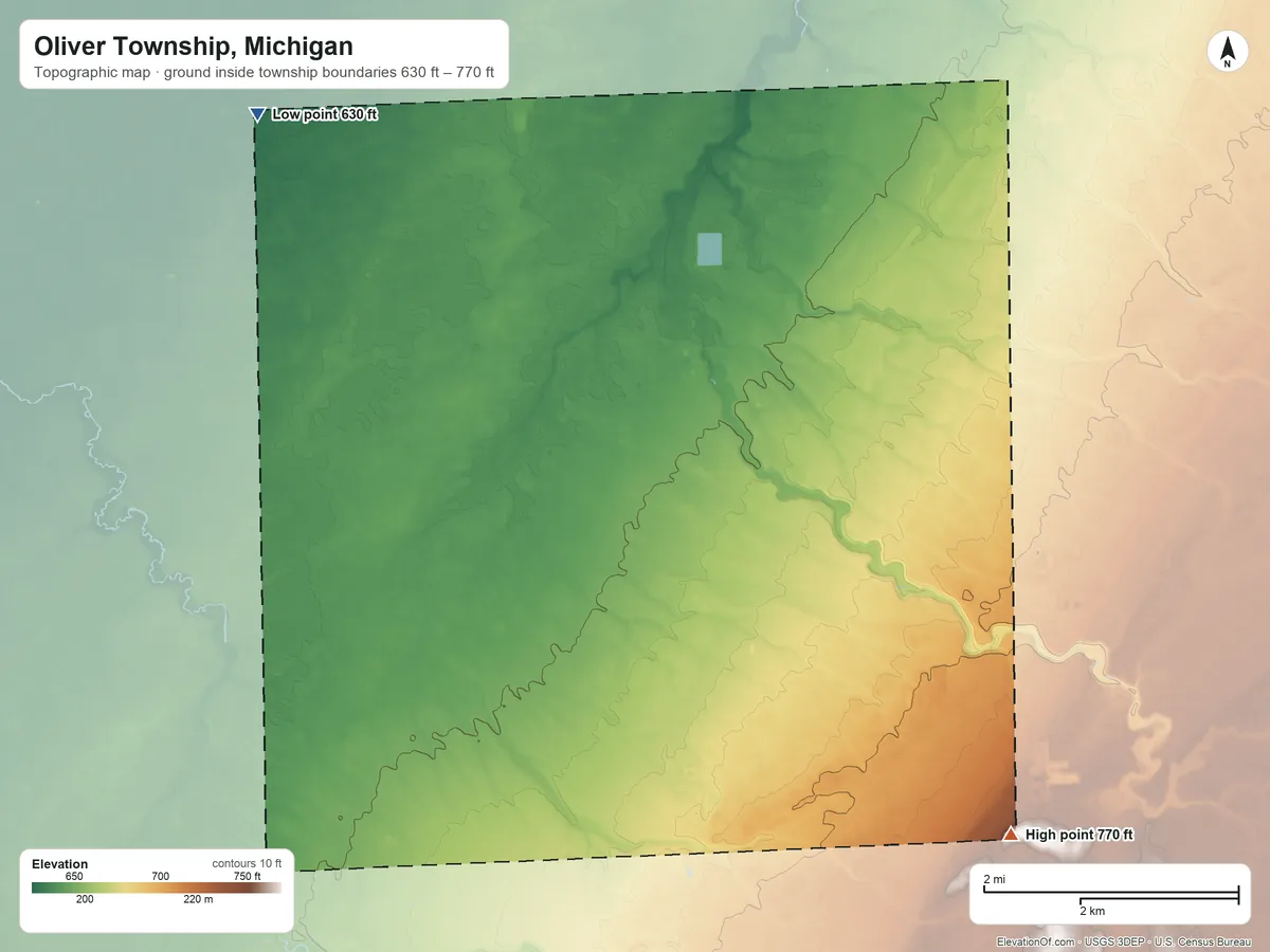 Topographic elevation map of Oliver Township, Michigan, shaded from 630 ft on the northwest side to 770 ft on the southeast side