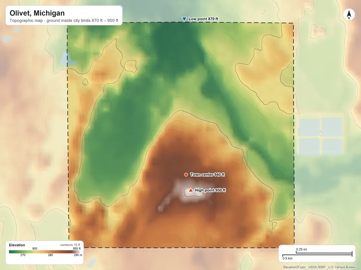 Topographic elevation map of Olivet, Michigan, shaded from 870 ft on the north side to 950 ft near the middle