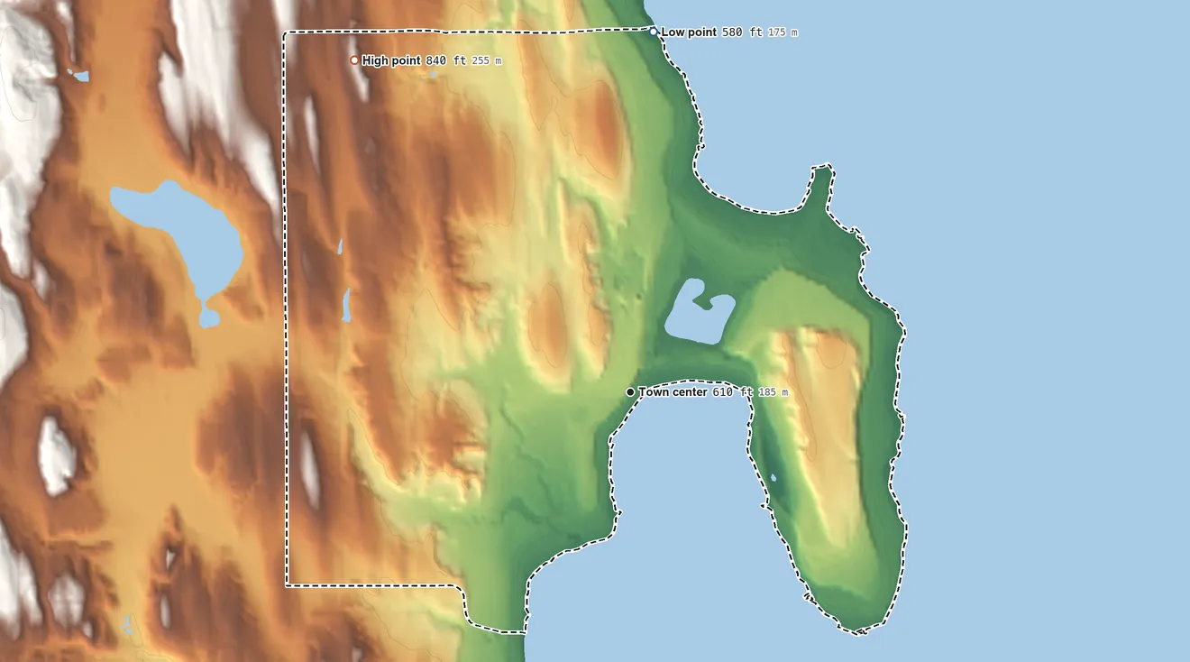 Topographic elevation map of Omena, Michigan, shaded from 580 ft on the north side to 840 ft on the northwest side