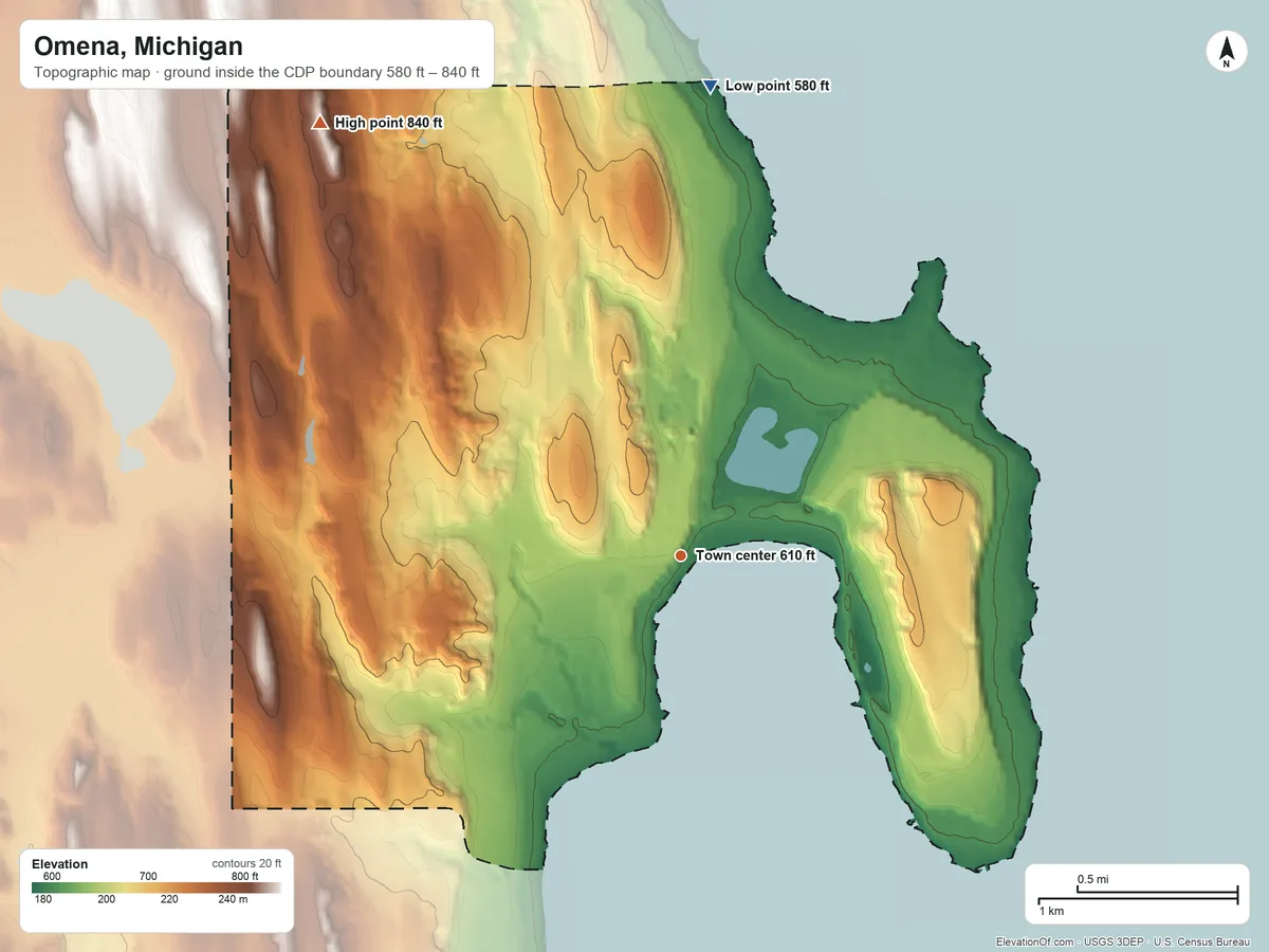 Topographic elevation map of Omena, Michigan, shaded from 580 ft on the north side to 840 ft on the northwest side