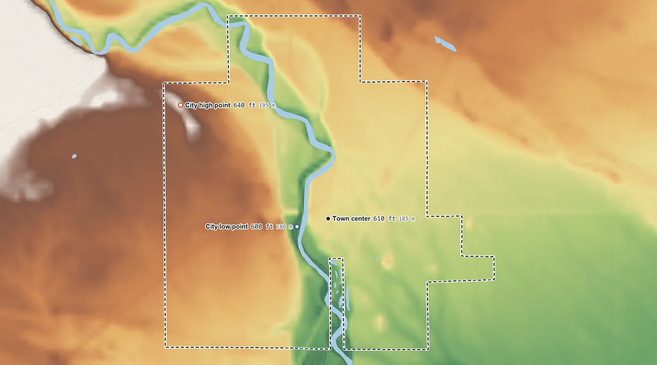 Topographic elevation map of Omer, Michigan, shaded from 600 ft near the middle to 640 ft on the northwest side