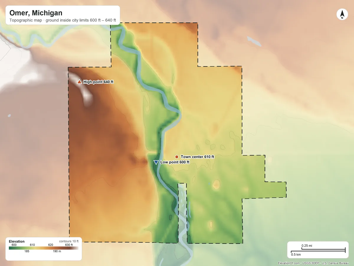 Topographic elevation map of Omer, Michigan, shaded from 600 ft near the middle to 640 ft on the northwest side