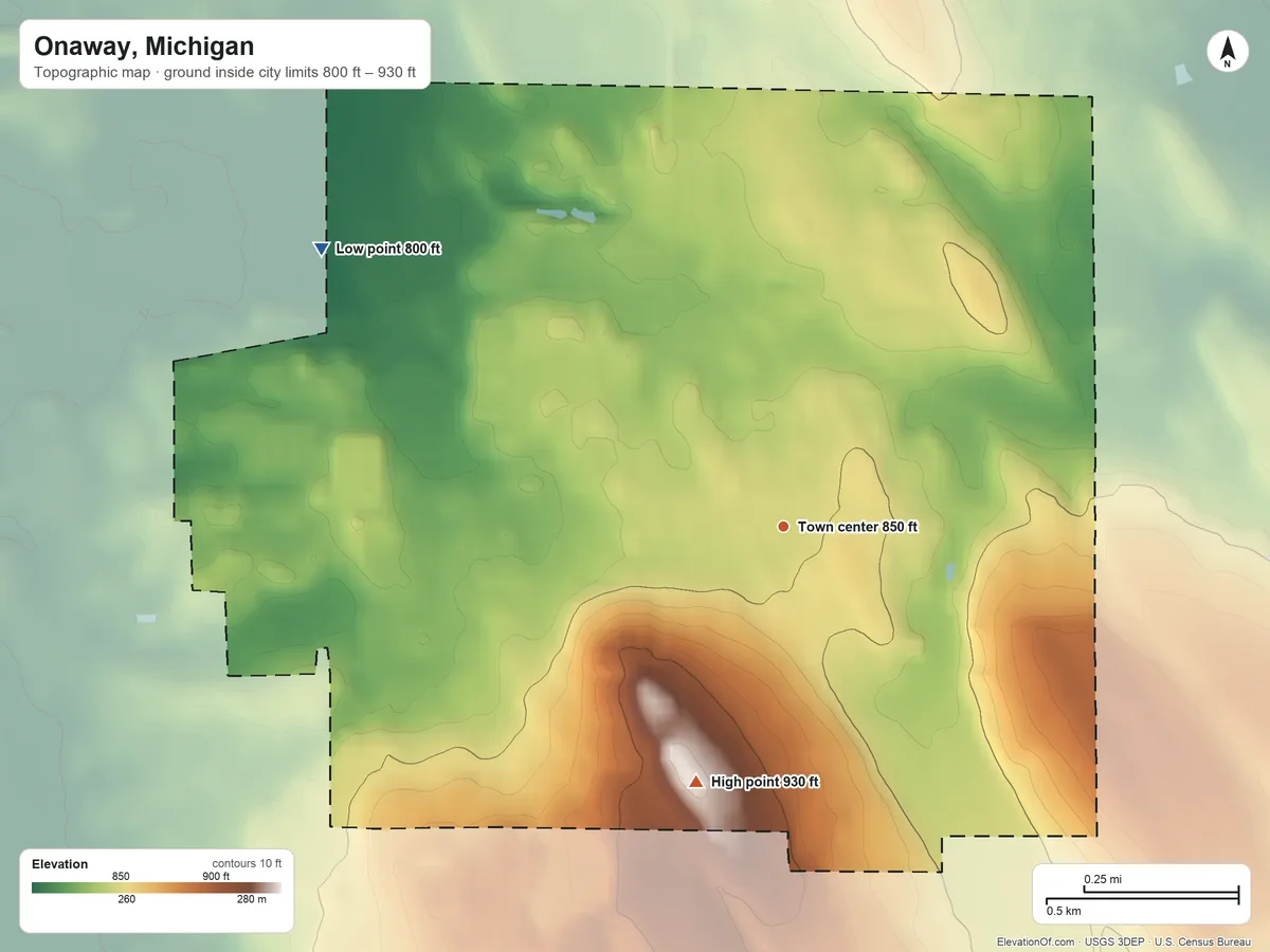 Topographic elevation map of Onaway, Michigan, shaded from 800 ft on the northwest side to 930 ft on the south side