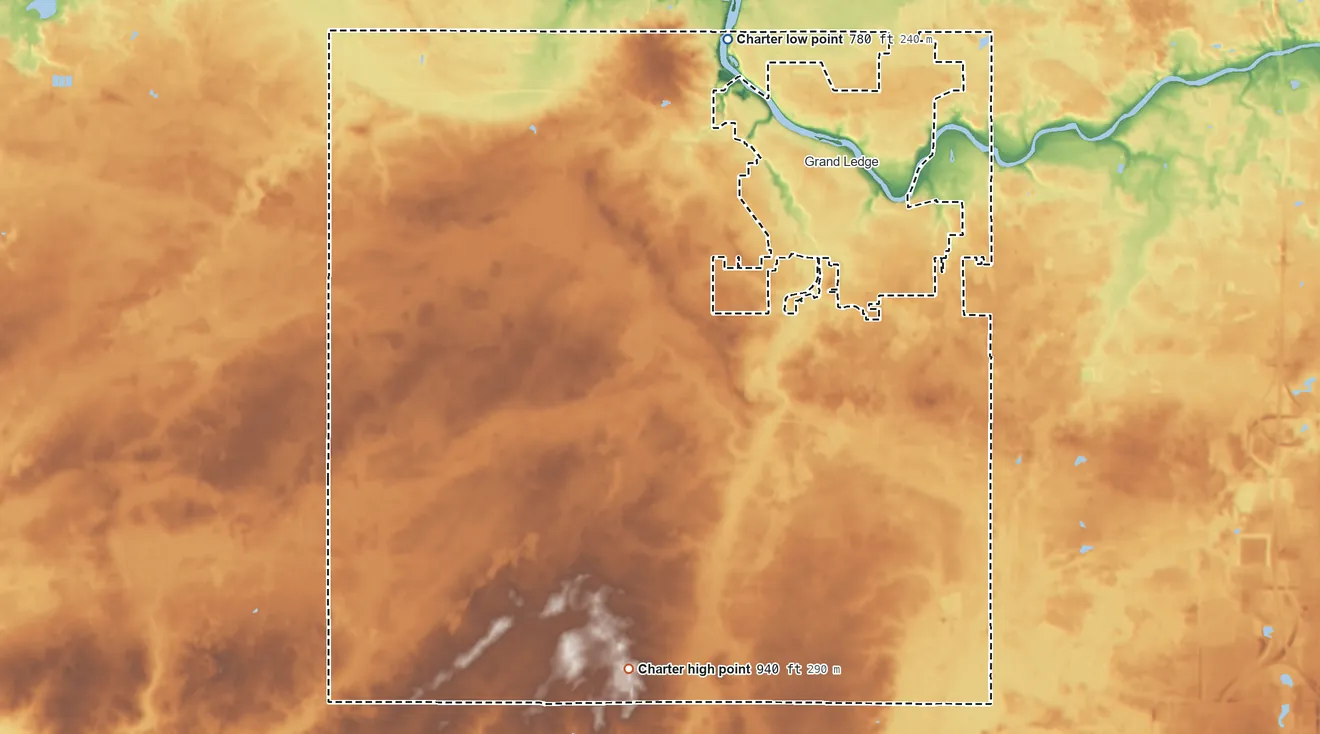 Topographic elevation map of Oneida Township, Michigan, shaded from 780 ft on the north side to 940 ft on the south side