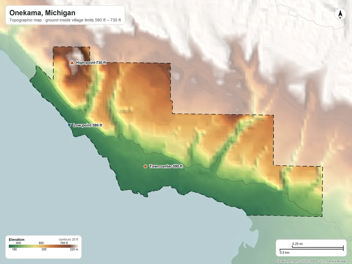 Topographic elevation map of Onekama, Michigan, shaded from 580 ft on the northwest side to 730 ft on the northwest side
