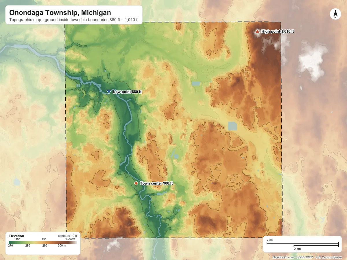 Topographic elevation map of Onondaga Township, Michigan, shaded from 880 ft on the north side to 1,010 ft on the northeast side