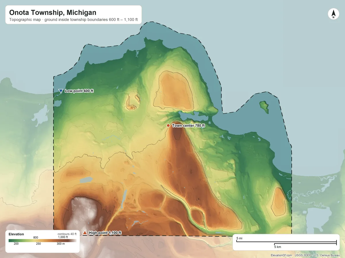 Topographic elevation map of Onota Township, Michigan, shaded from 600 ft on the west side to 1,100 ft on the southwest side