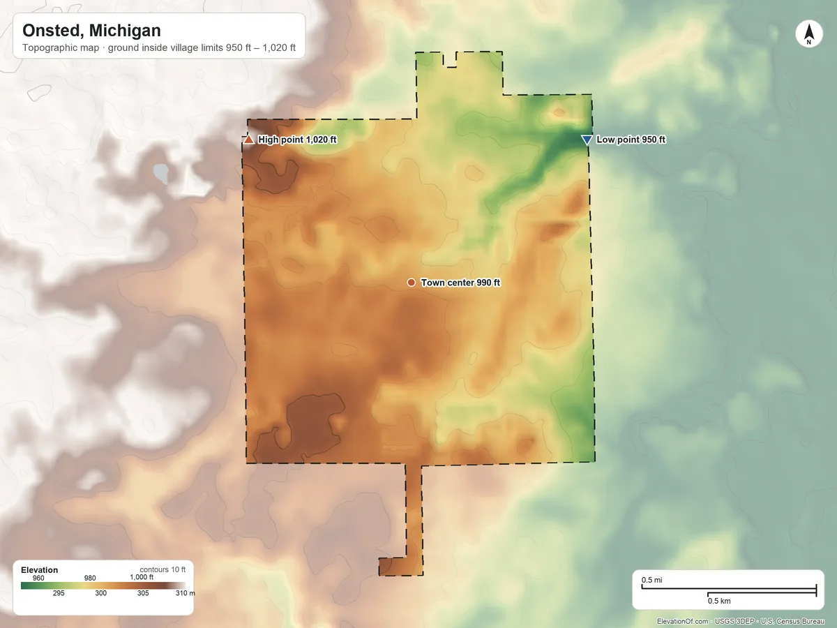 Topographic elevation map of Onsted, Michigan, shaded from 950 ft on the northeast side to 1,020 ft on the northwest side