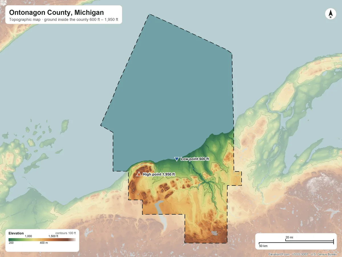 Topographic elevation map of Ontonagon County, Michigan, shaded from 600 ft on the south side to 1,950 ft on Summit Peak