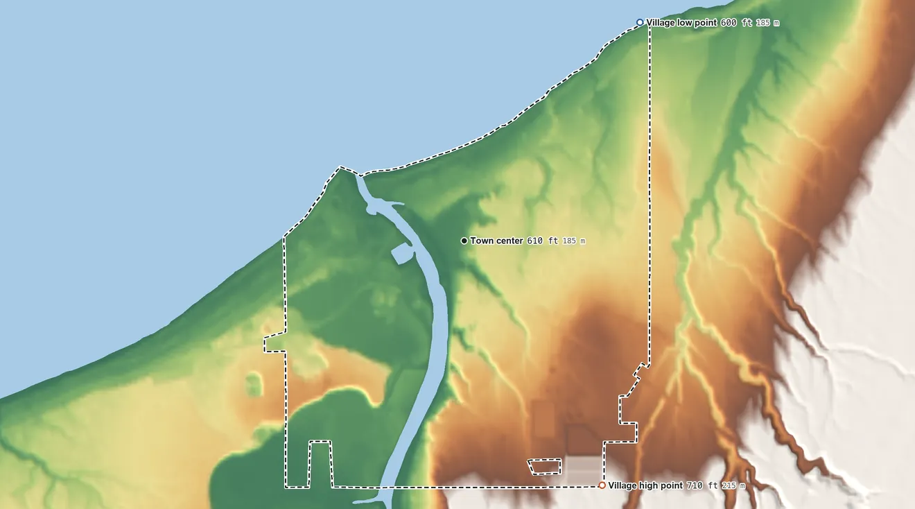 Topographic elevation map of Ontonagon, Michigan, shaded from 600 ft on the northeast side to 710 ft on the southeast side