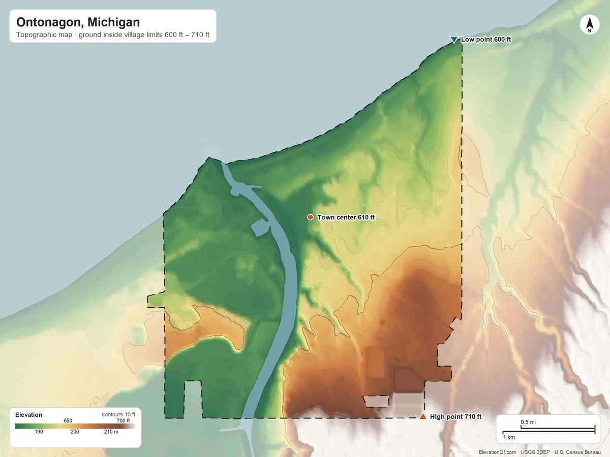 Topographic elevation map of Ontonagon, Michigan, shaded from 600 ft on the northeast side to 710 ft on the southeast side