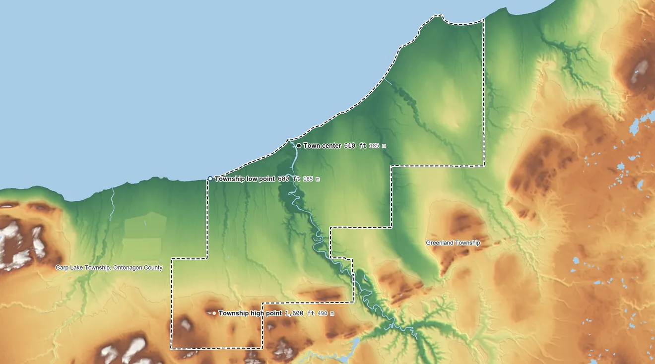 Topographic elevation map of Ontonagon Township, Michigan, shaded from 600 ft on the west side to 1,600 ft on the southwest side