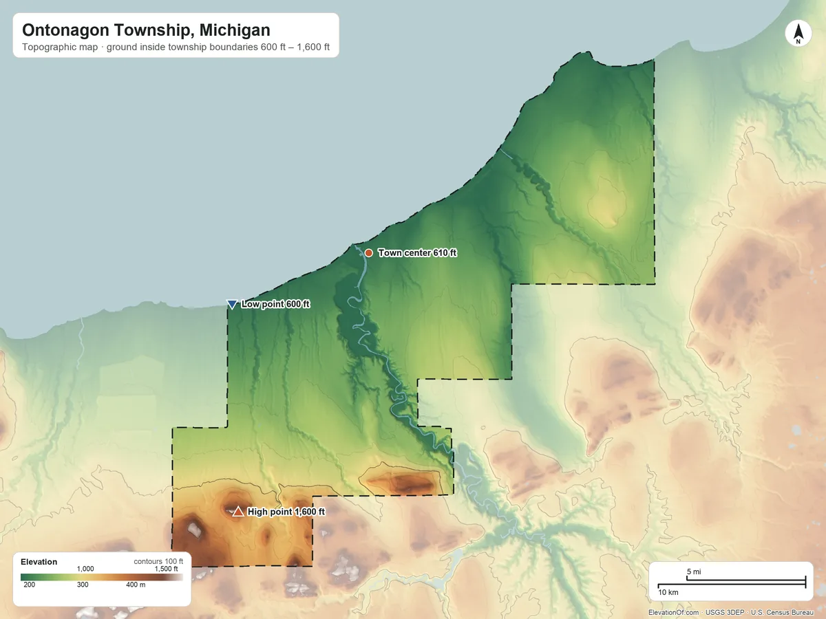 Topographic elevation map of Ontonagon Township, Michigan, shaded from 600 ft on the west side to 1,600 ft on the southwest side