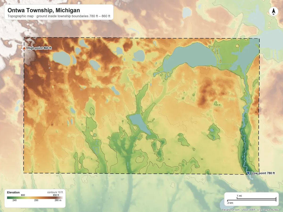 Topographic elevation map of Ontwa Township, Michigan, shaded from 780 ft on the southeast side to 860 ft on the west side
