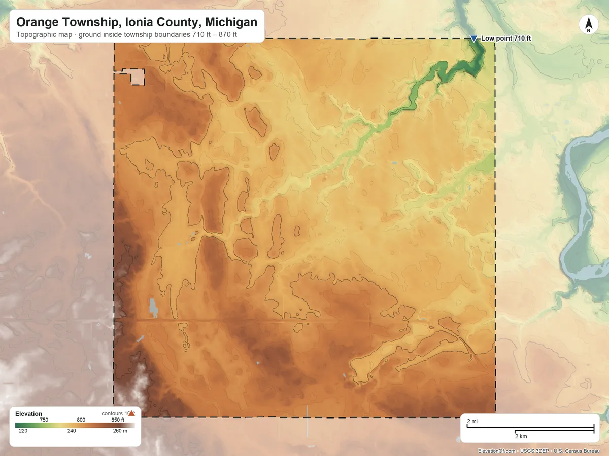 Topographic elevation map of Orange Township, Ionia County, Michigan, shaded from 710 ft on the northeast side to 870 ft on the southwest side