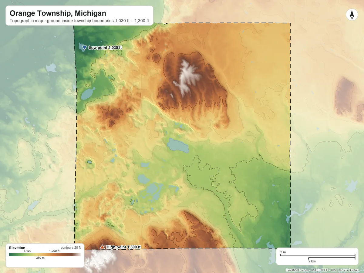 Topographic elevation map of Orange Township, Michigan, shaded from 1,030 ft on the northwest side to 1,300 ft on the southwest side