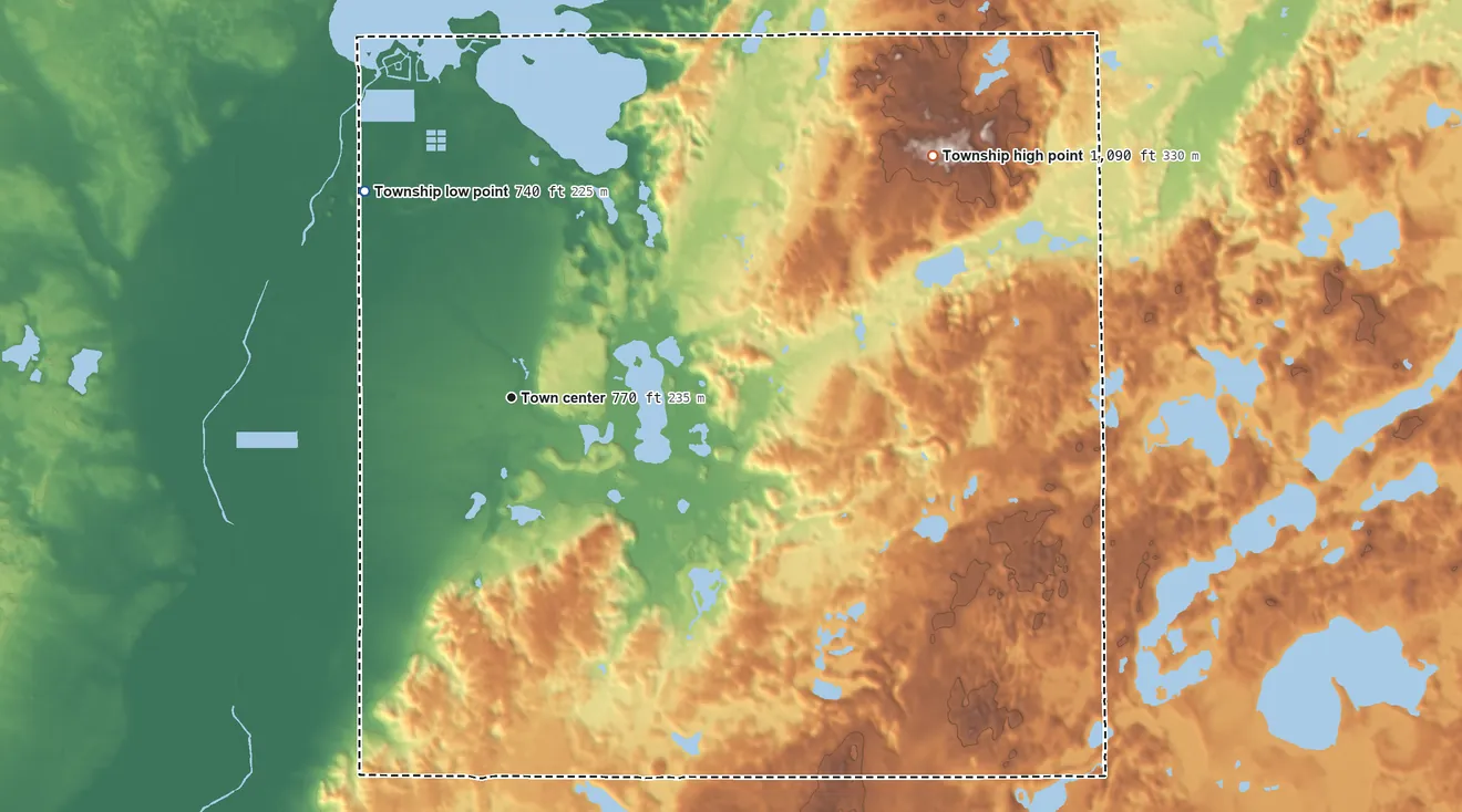 Topographic elevation map of Orangeville Township, Michigan, shaded from 740 ft on the northwest side to 1,090 ft on the northeast side