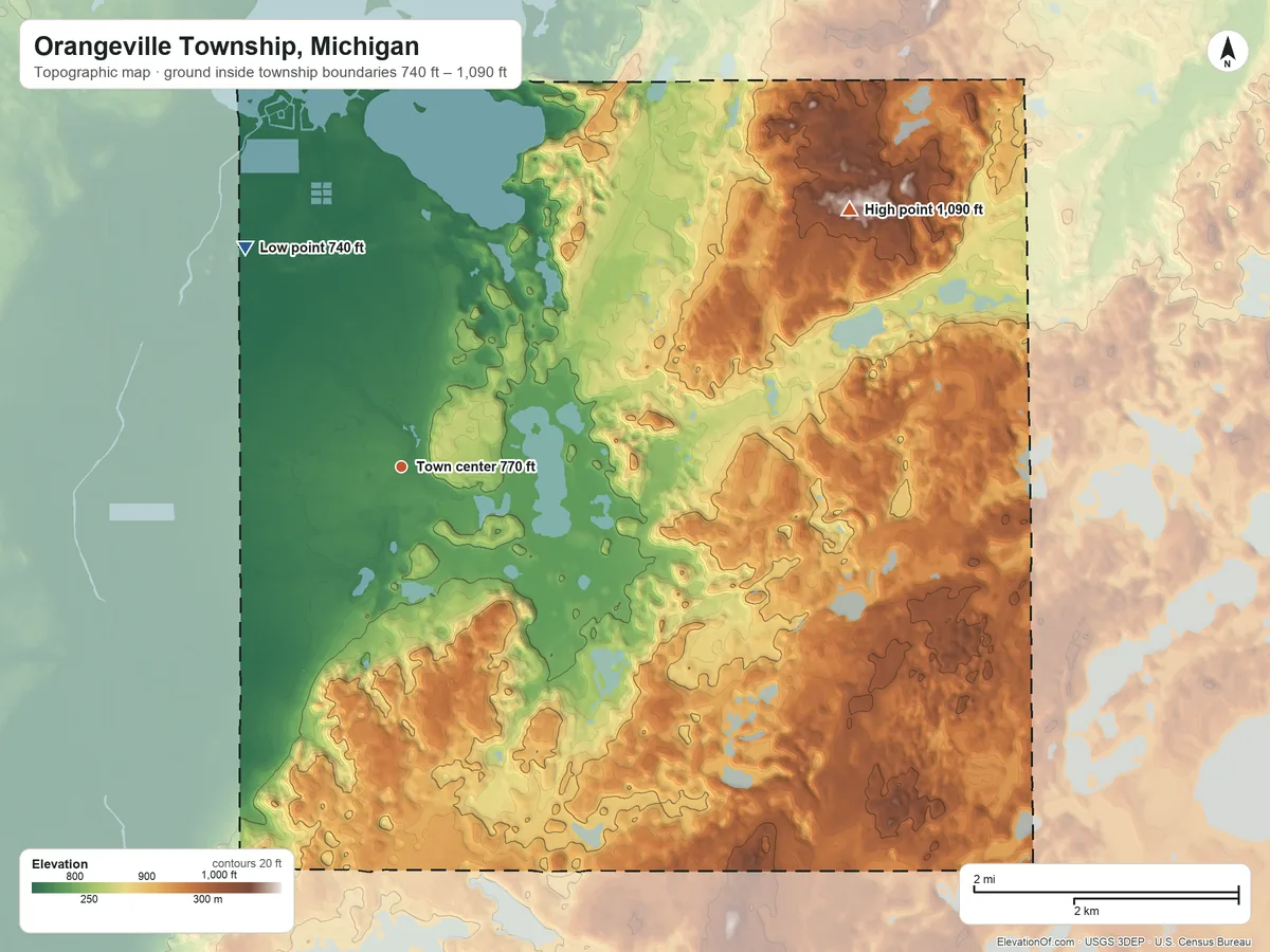 Topographic elevation map of Orangeville Township, Michigan, shaded from 740 ft on the northwest side to 1,090 ft on the northeast side