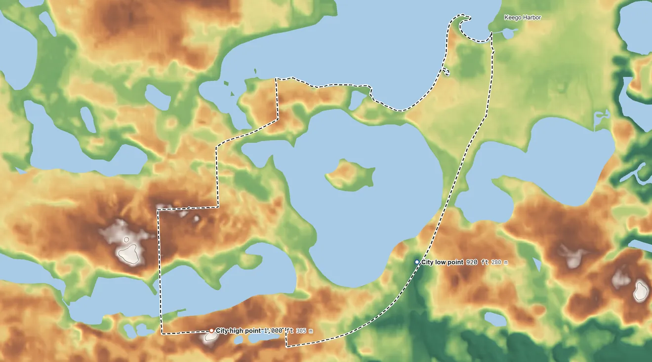 Topographic elevation map of Orchard Lake Village, Michigan, shaded from 920 ft on the southeast side to 1,000 ft on the southwest side