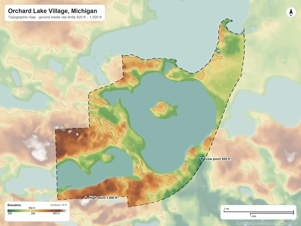 Topographic elevation map of Orchard Lake Village, Michigan, shaded from 920 ft on the southeast side to 1,000 ft on the southwest side