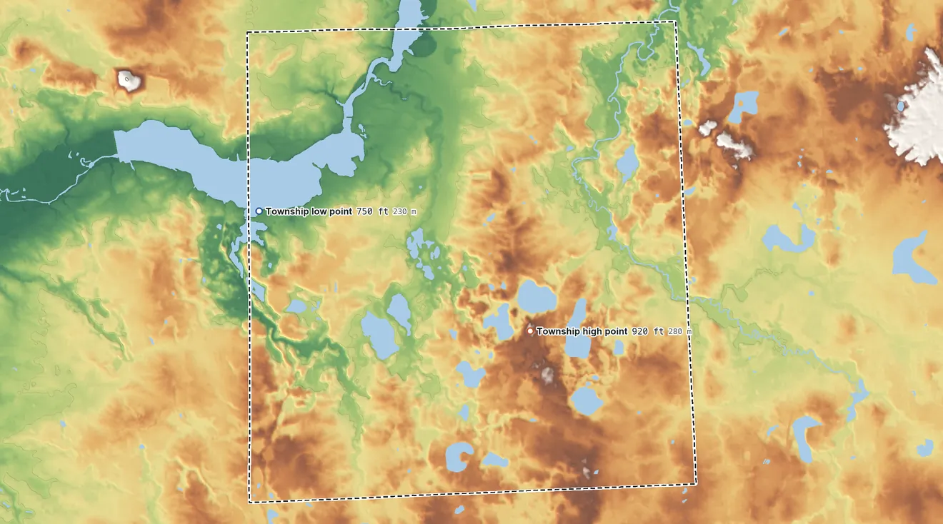 Topographic elevation map of Oregon Township, Michigan, shaded from 750 ft on the northwest side to 920 ft on the southeast side
