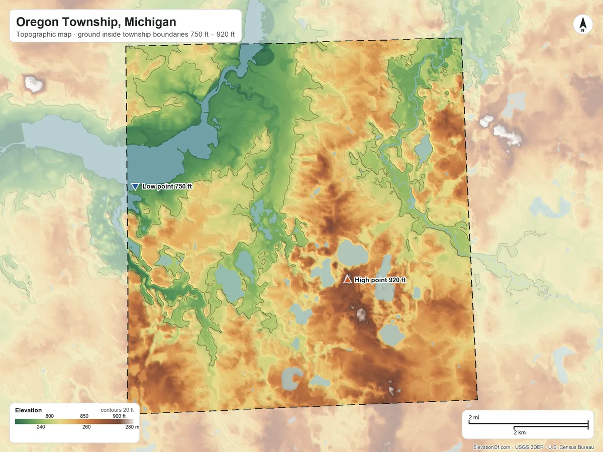 Topographic elevation map of Oregon Township, Michigan, shaded from 750 ft on the northwest side to 920 ft on the southeast side