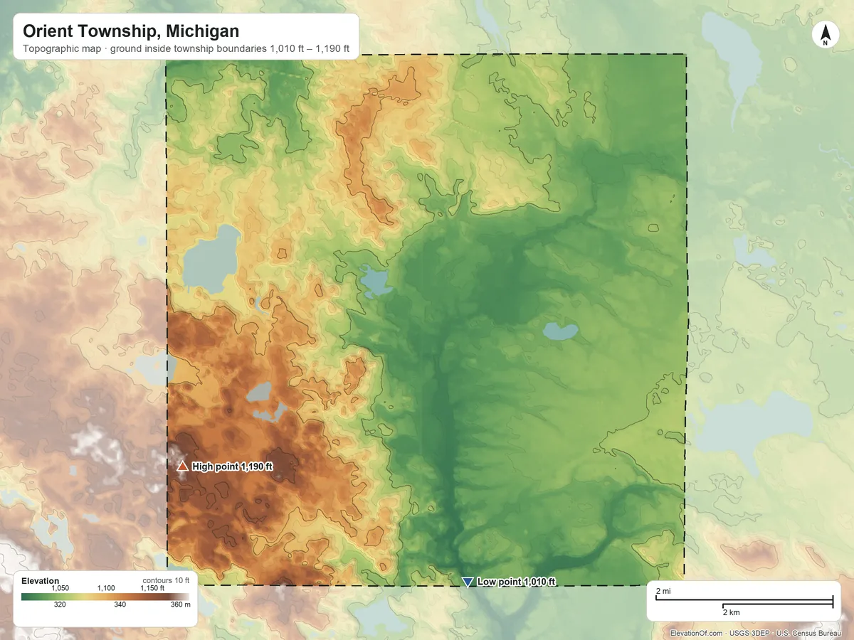Topographic elevation map of Orient Township, Michigan, shaded from 1,010 ft on the south side to 1,190 ft on the southwest side