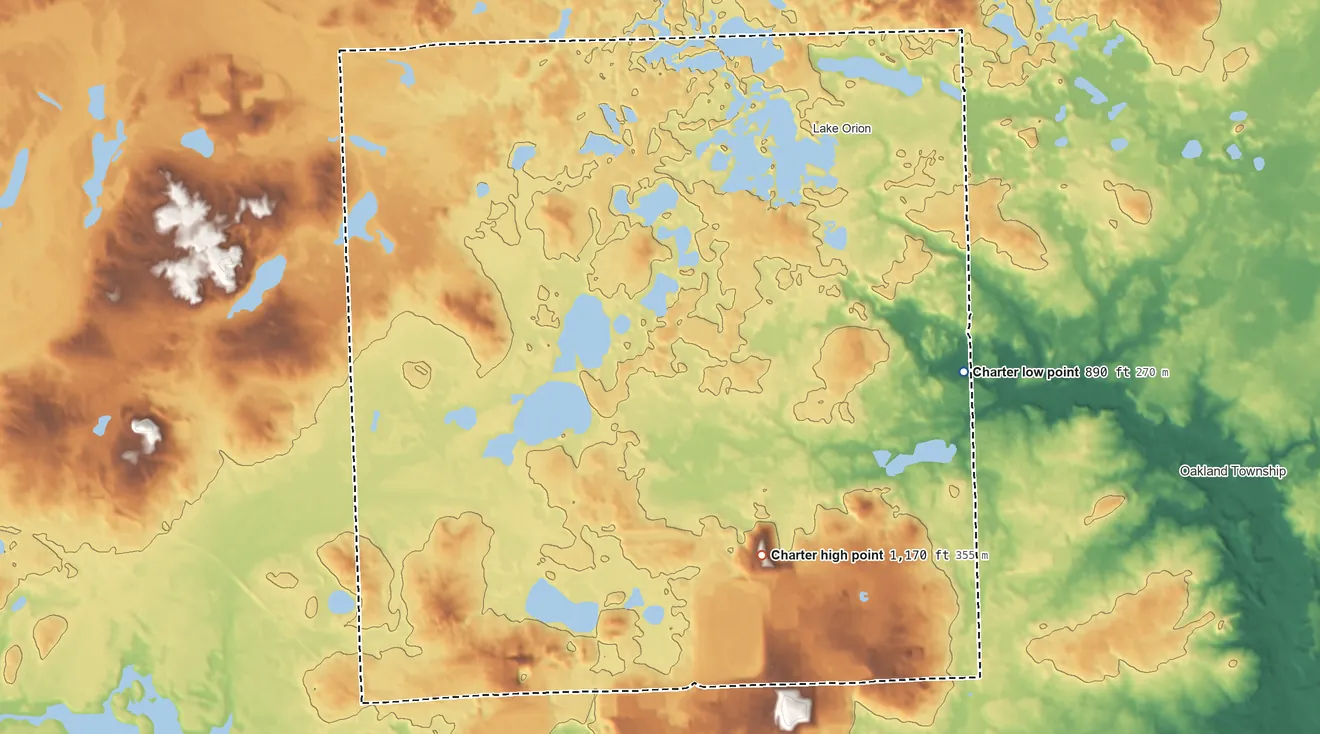 Topographic elevation map of Orion Township, Michigan, shaded from 890 ft on the east side to 1,170 ft on the south side
