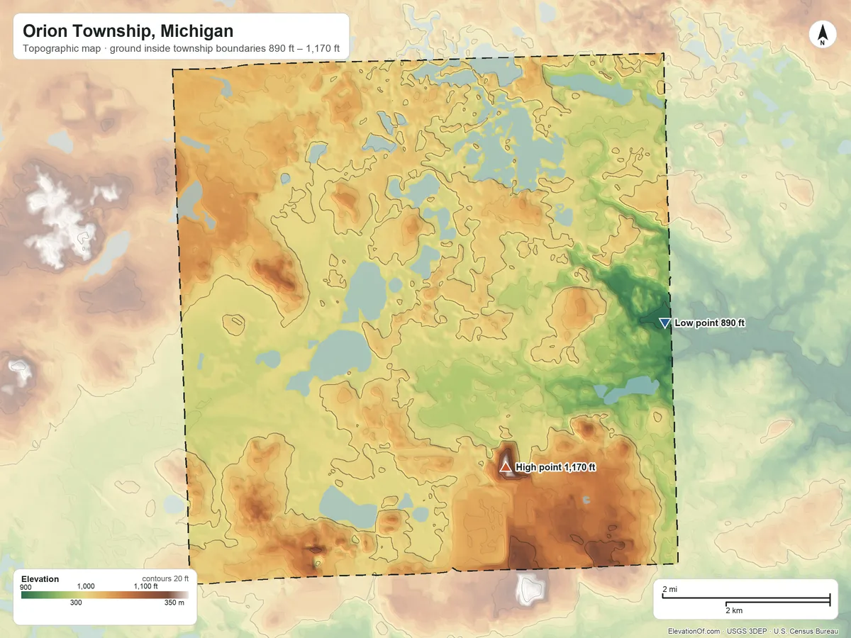 Topographic elevation map of Orion Township, Michigan, shaded from 890 ft on the east side to 1,170 ft on the south side