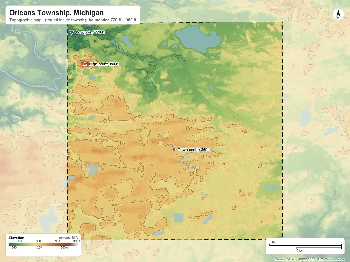 Topographic elevation map of Orleans Township, Michigan, shaded from 770 ft on the northwest side to 950 ft on the northwest side