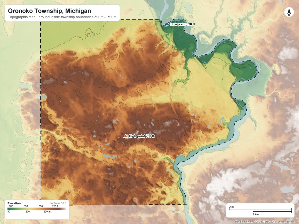 Topographic elevation map of Oronoko Township, Michigan, shaded from 590 ft on the north side to 790 ft on the southwest side