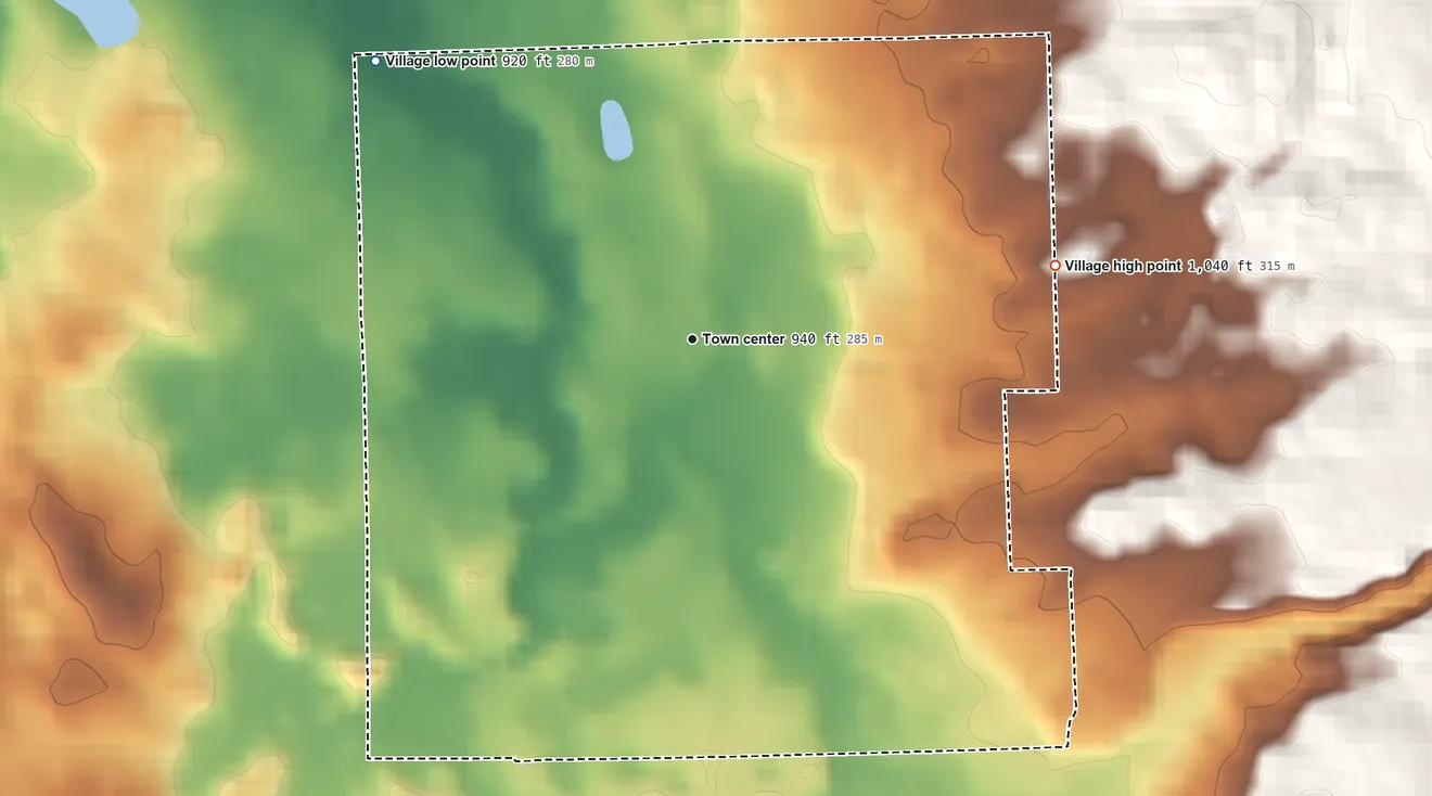 Topographic elevation map of Ortonville, Michigan, shaded from 920 ft on the northwest side to 1,040 ft on the east side