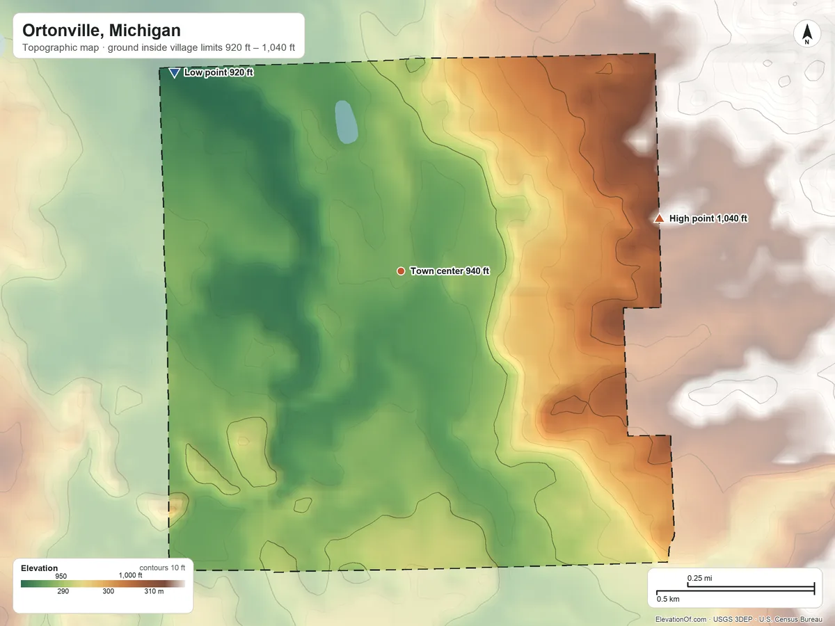 Topographic elevation map of Ortonville, Michigan, shaded from 920 ft on the northwest side to 1,040 ft on the east side