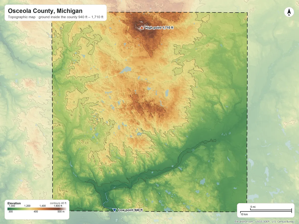 Topographic elevation map of Osceola County, Michigan, shaded from 940 ft on the south side to 1,710 ft on the north side