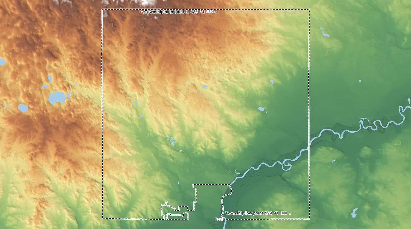 Topographic elevation map of Osceola Township, Osceola County, Michigan, shaded from 990 ft on the south side to 1,480 ft on the northwest side