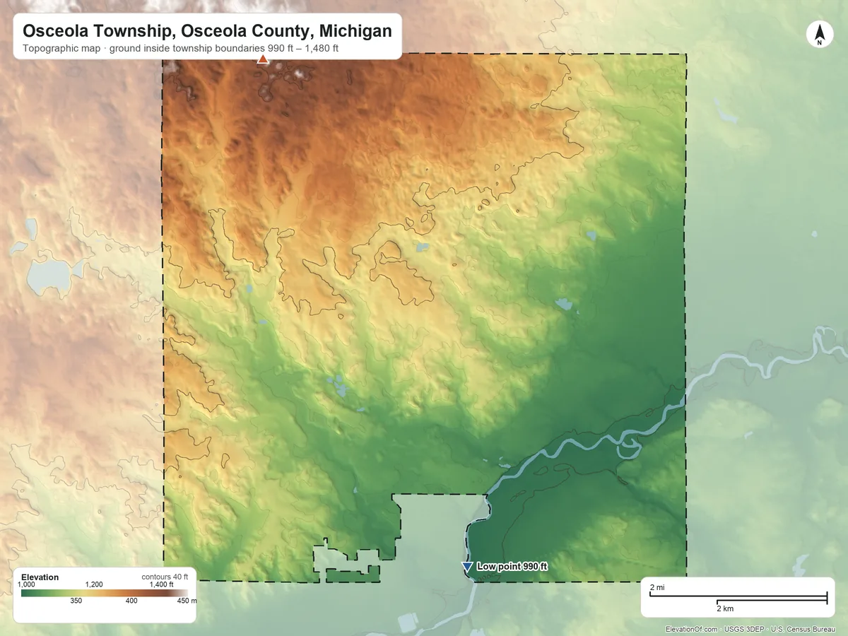 Topographic elevation map of Osceola Township, Osceola County, Michigan, shaded from 990 ft on the south side to 1,480 ft on the northwest side