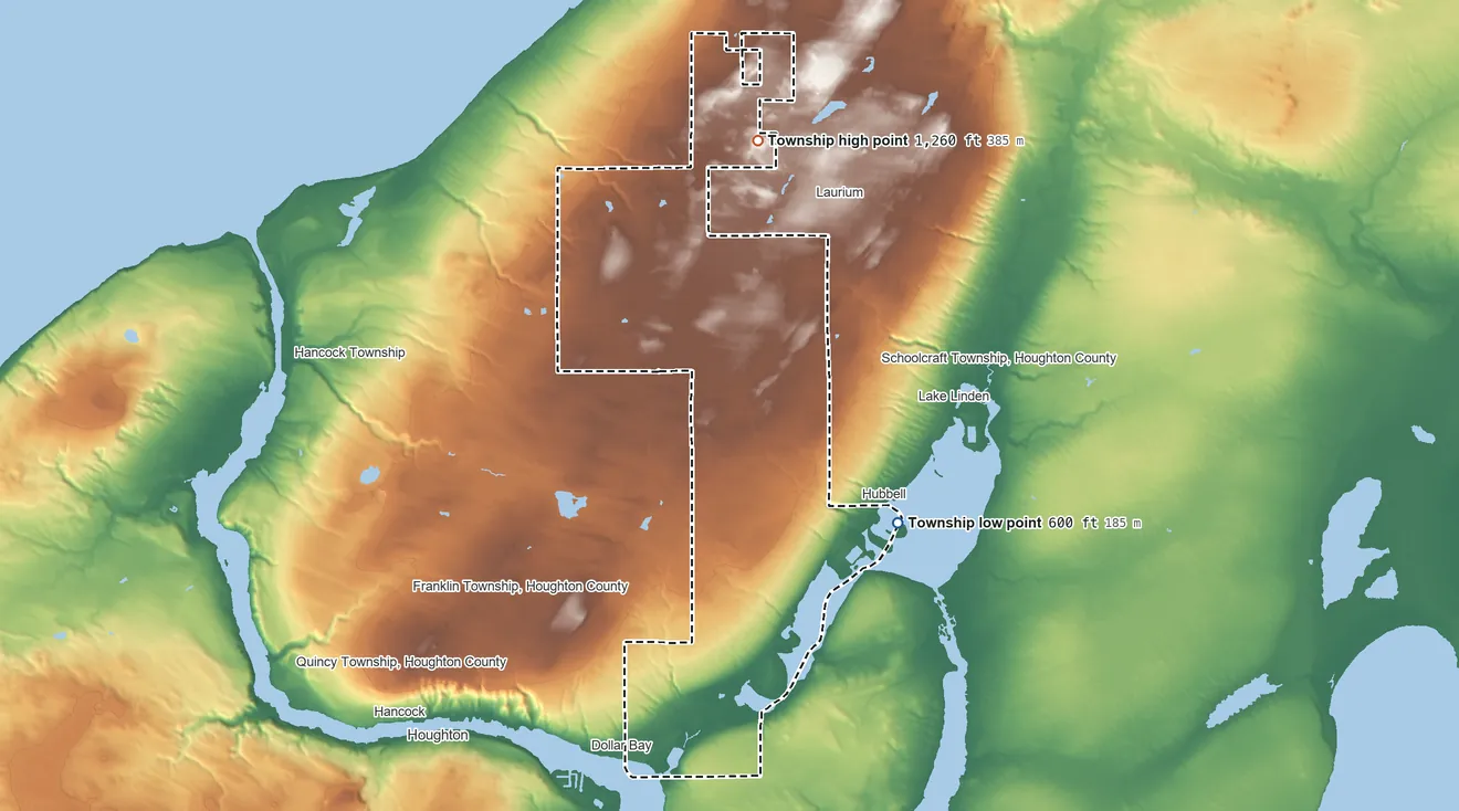Topographic elevation map of Osceola Township, Michigan, shaded from 600 ft on the east side to 1,260 ft on the north side