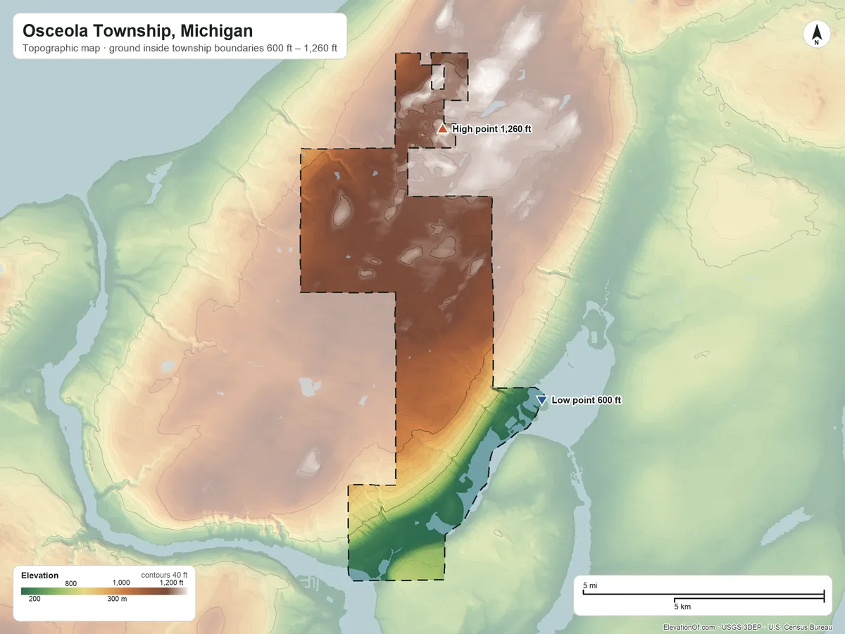 Topographic elevation map of Osceola Township, Michigan, shaded from 600 ft on the east side to 1,260 ft on the north side