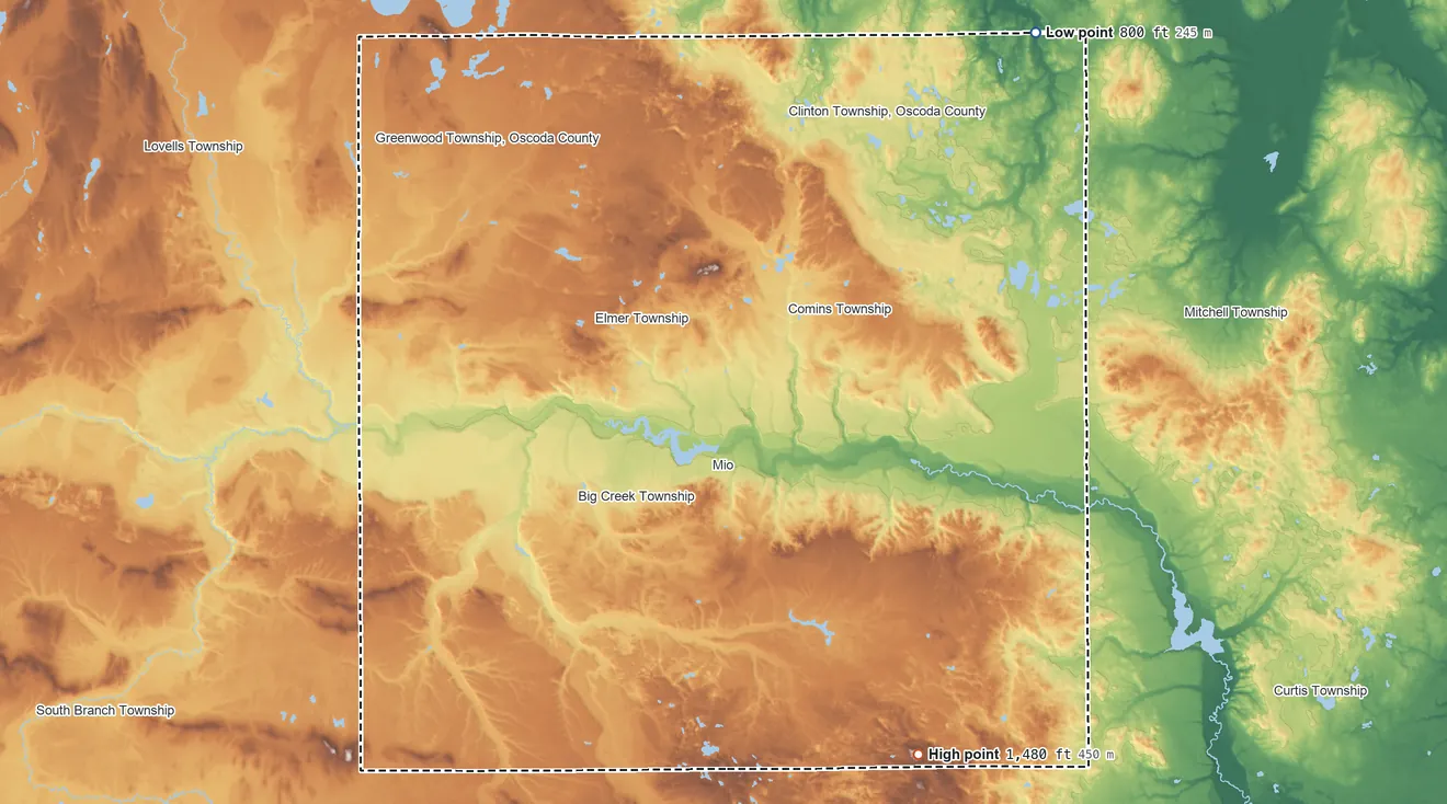 Topographic elevation map of Oscoda County, Michigan, shaded from 800 ft on the northeast side to 1,480 ft on the southeast side