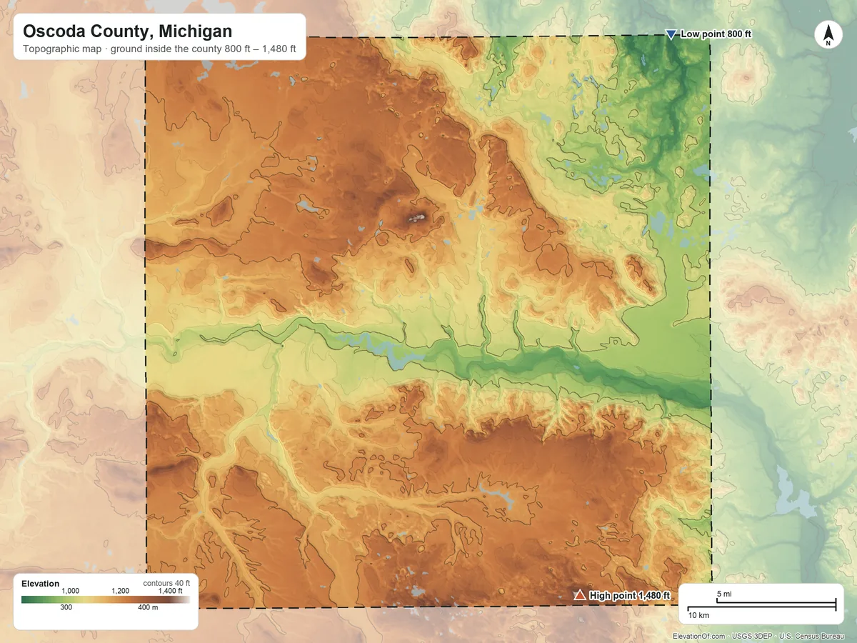 Topographic elevation map of Oscoda County, Michigan, shaded from 800 ft on the northeast side to 1,480 ft on the southeast side