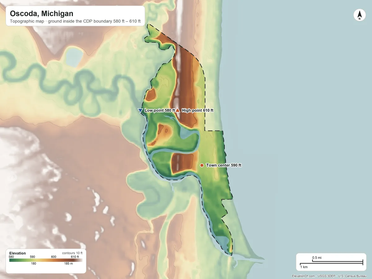Topographic elevation map of Oscoda, Michigan, shaded from 580 ft on the northwest side to 610 ft on the northwest side