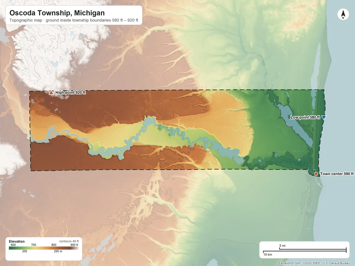 Topographic elevation map of Oscoda Township, Michigan, shaded from 580 ft on the north side to 920 ft on the west side