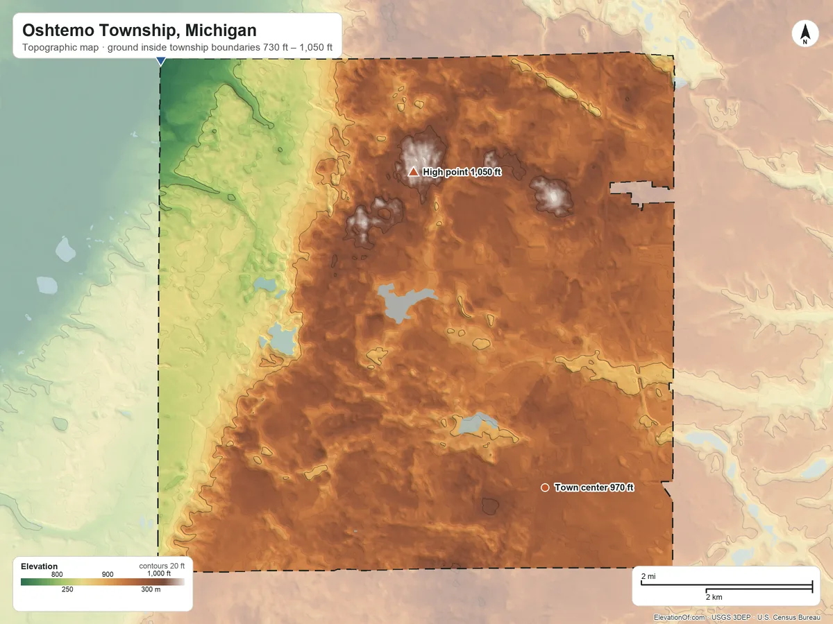 Topographic elevation map of Oshtemo Township, Michigan, shaded from 730 ft on the northwest side to 1,050 ft on the northwest side