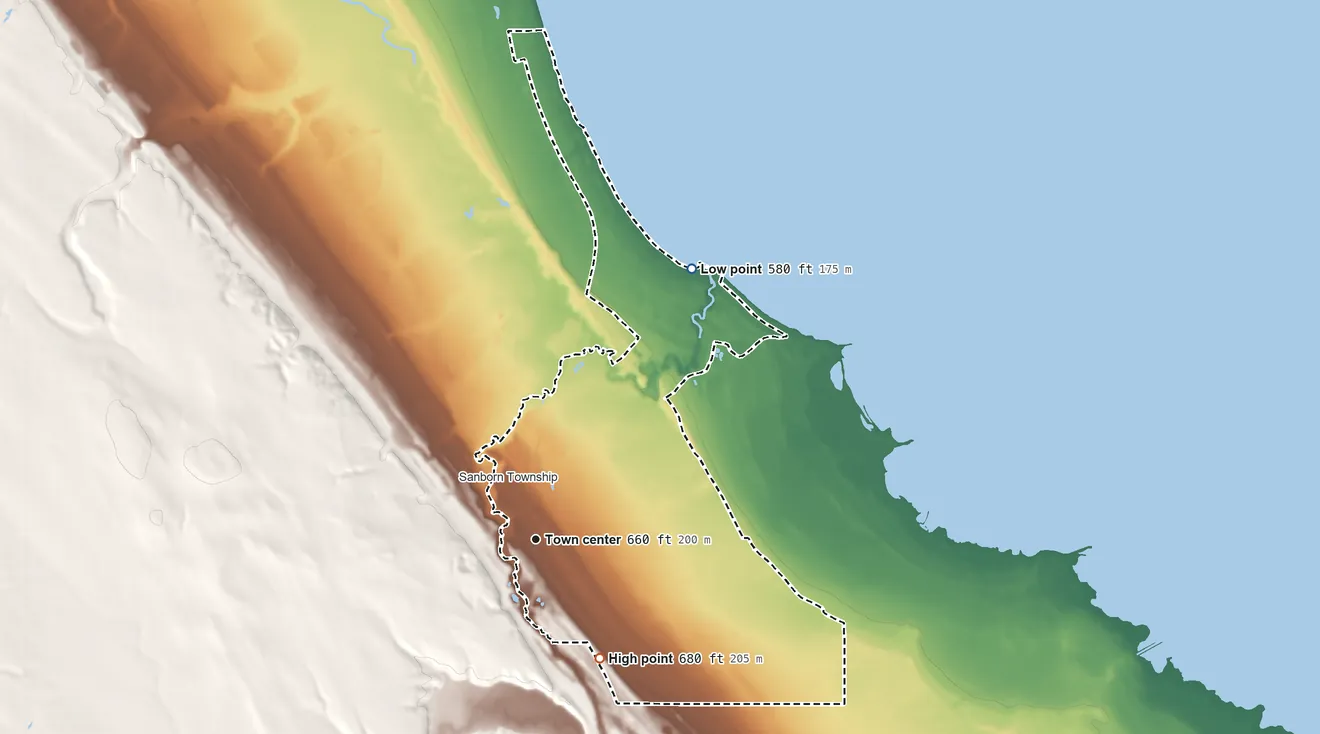 Topographic elevation map of Ossineke, Michigan, shaded from 580 ft on the northeast side to 680 ft on the southeast side