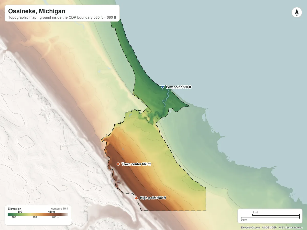 Topographic elevation map of Ossineke, Michigan, shaded from 580 ft on the northeast side to 680 ft on the southeast side