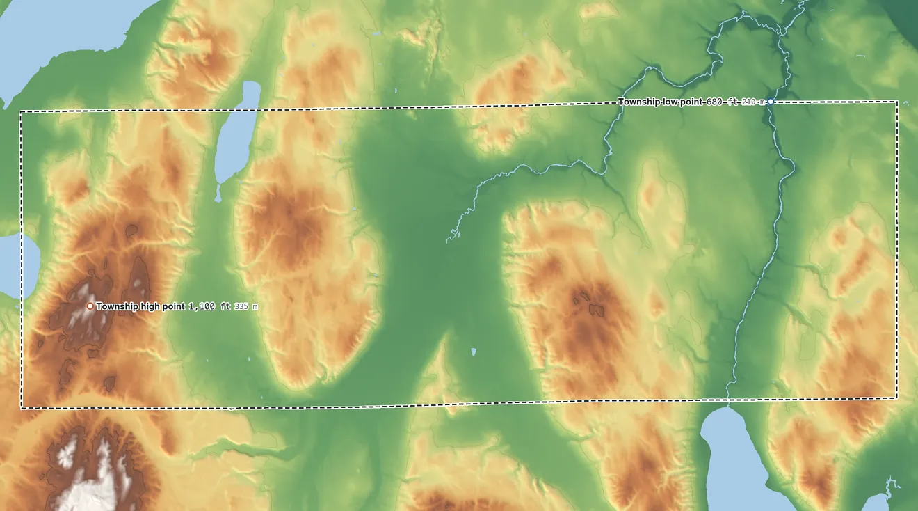 Topographic elevation map of Ossineke Township, Michigan, shaded from 680 ft on the northeast side to 1,100 ft on the west side