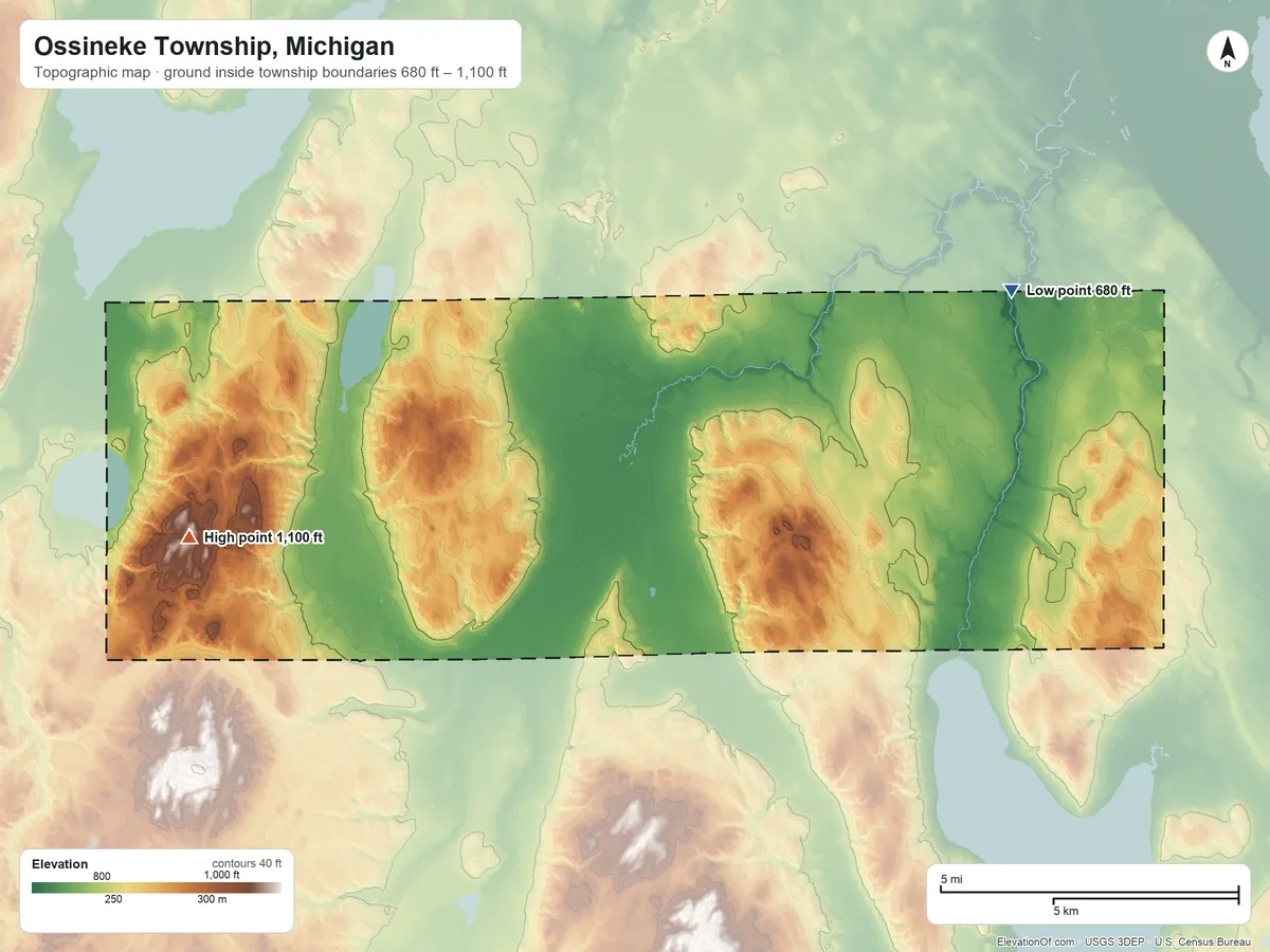 Topographic elevation map of Ossineke Township, Michigan, shaded from 680 ft on the northeast side to 1,100 ft on the west side